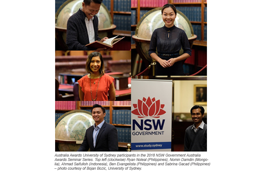 Australia Awards scholars from Indonesia, Philippines and Mongolia look happy and enjoy their participation in the 2018 NSW Government Australia Awards Seminar series.